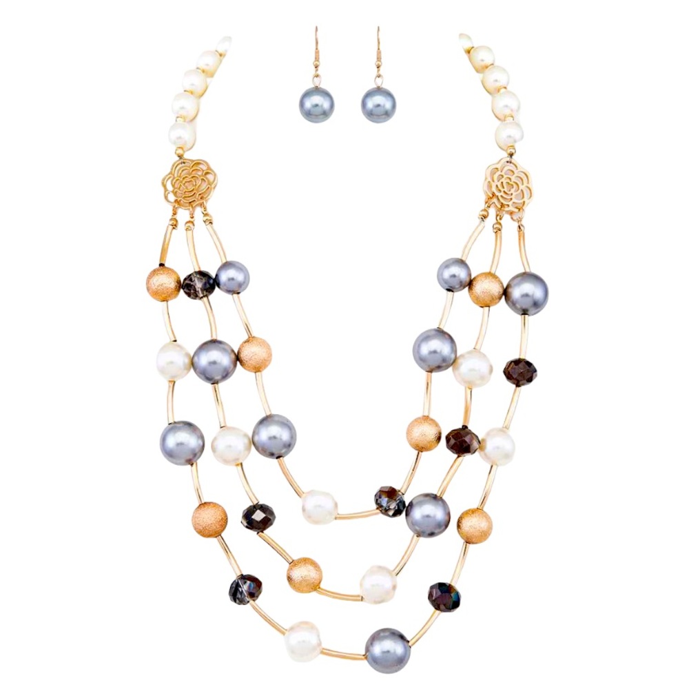 Gold Long Pearl Station Layered Statement Necklace
